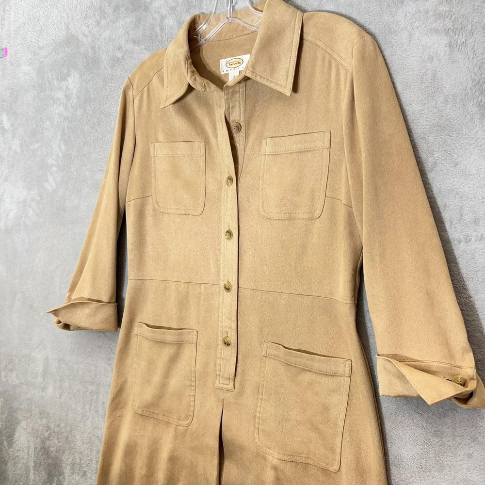 Talbots Petites Faux Suede Shirt Dress‎ Tan Button Front Midi Size 4 - Picture 3 of 10